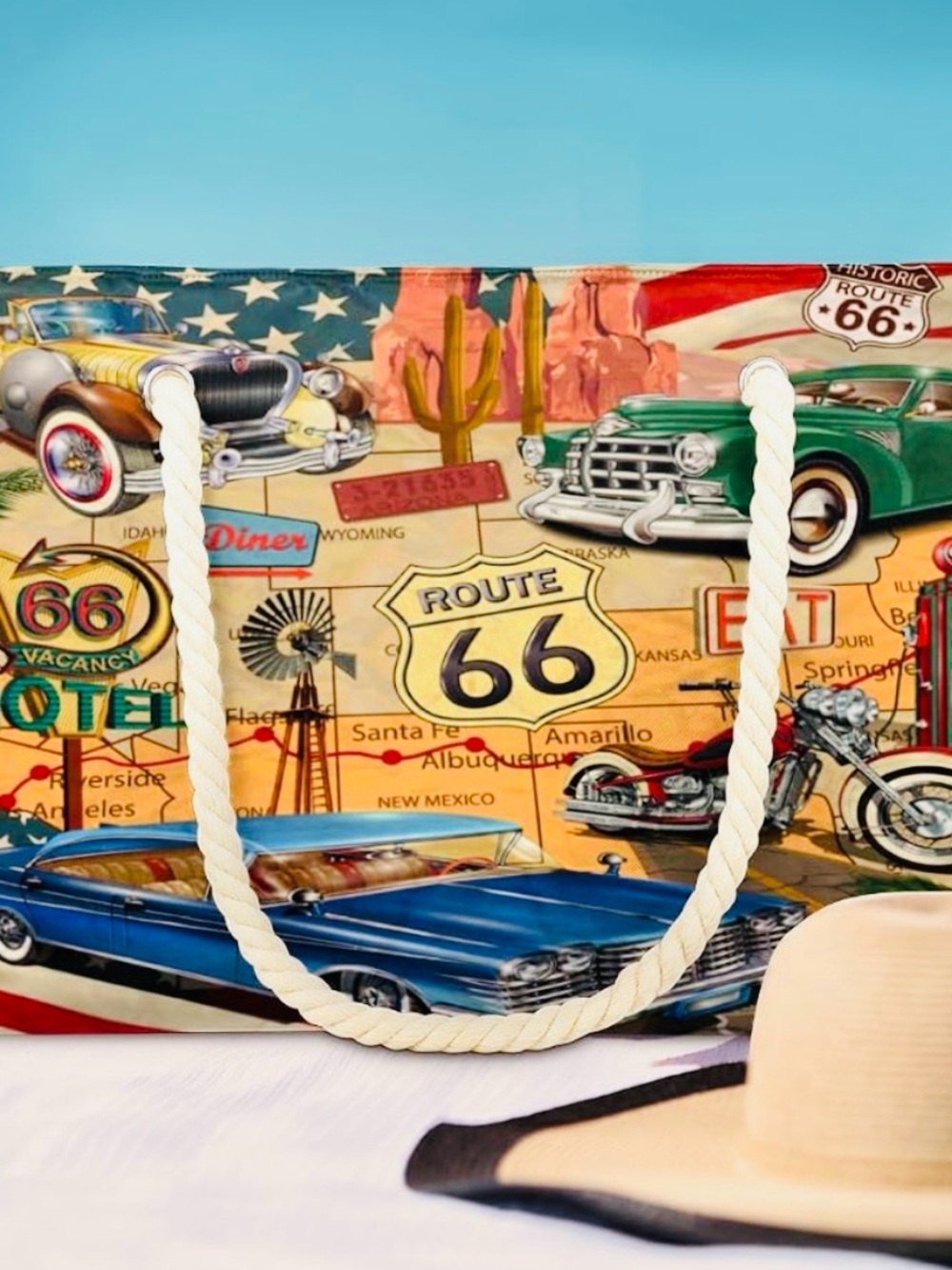 Route 66 Graphic Tote Bag in Multi-Color
Nostalgic, Amarillo, cottagecore